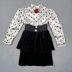 VTG 80s Fashionland Originals Dress Kids 8 White Polka Dot Velvet Rose Retro